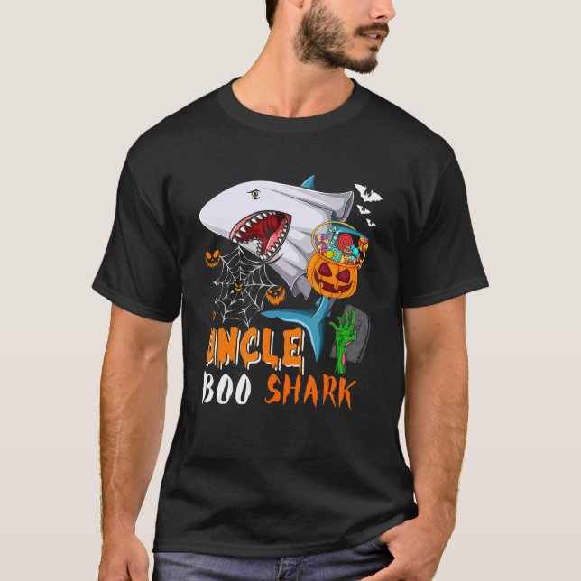 Uncle Shark Boo Halloween Shark Boo Ghost Candy Pu T-Shirt (Front)