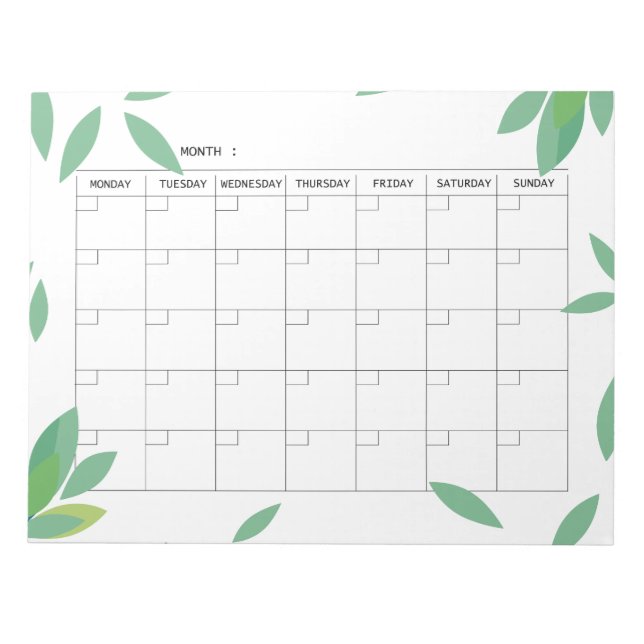 Undated fresh Green Minimalist Monthly Planner  Notepad (Front)