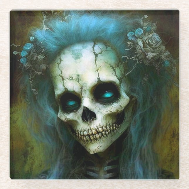 Undead Woman Skeleton Horror Glass Coaster (Front)