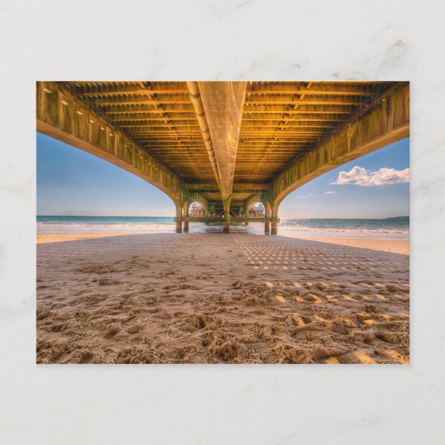 Under a Pier, Beach with Footprints, Ocean, Sky Postcard (Front)