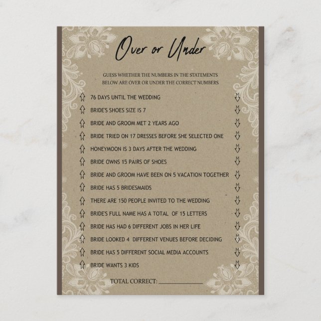 Under and Over Bridal Shower Game Enclosure Card (Front)