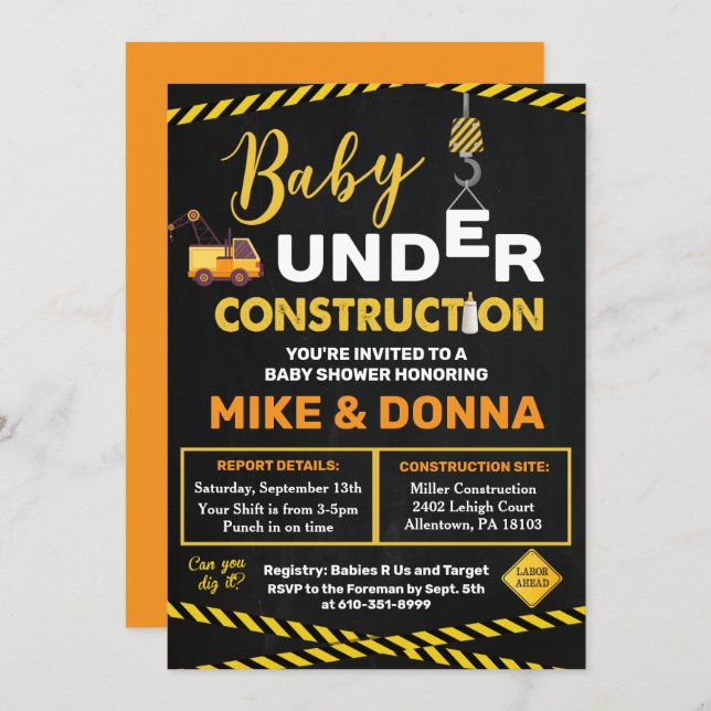 Under Construction Baby Shower Invitation (Front/Back)