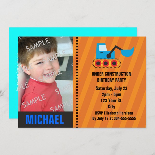 Under Construction Birthday Invitation (Front/Back)