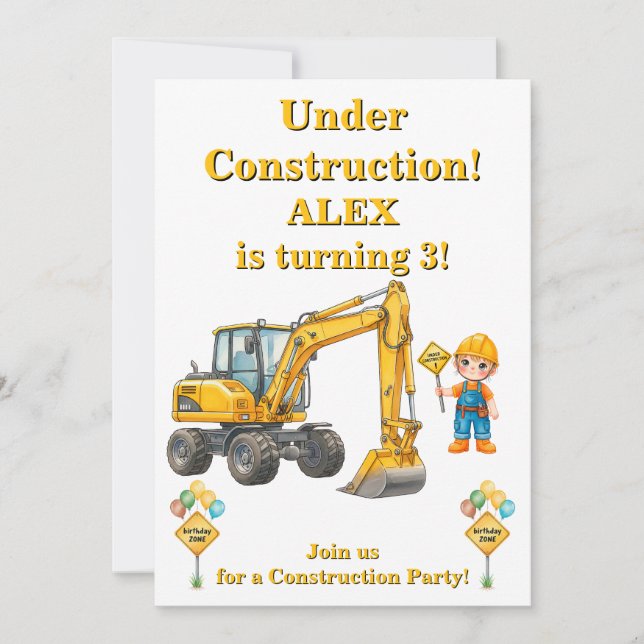 Under Construction Birthday Invitation Boy  (Front)