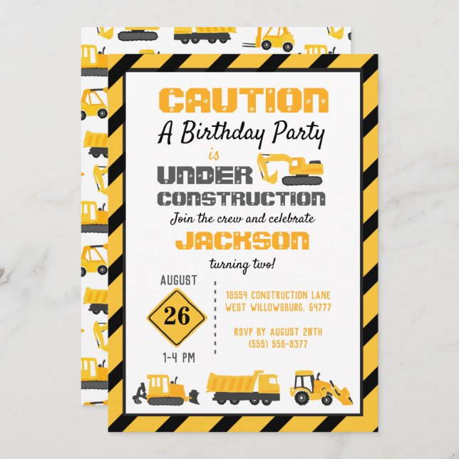 Under Construction Birthday Party Invitation (Front/Back)