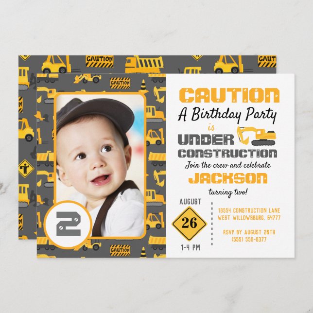 Under Construction Birthday Photo Invitation (Front/Back)