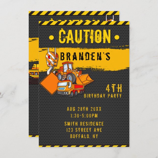 Under Construction Caution Trucks Birthday Party 2 Invitation (Front/Back)
