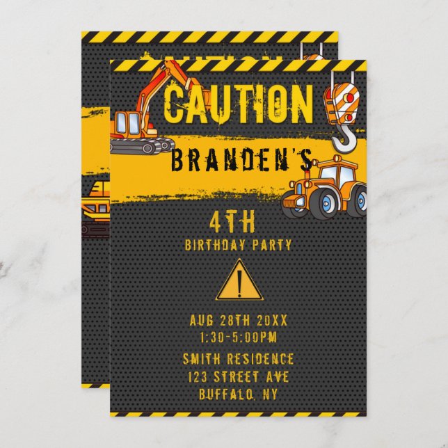 Under Construction Caution Trucks Birthday Party 3 Invitation (Front/Back)