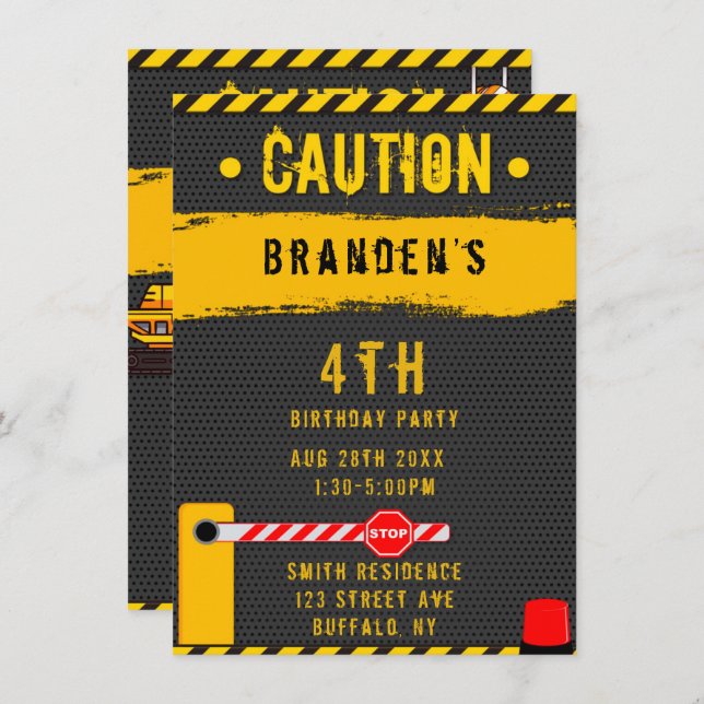 Under Construction Caution Trucks Birthday Party 4 Invitation (Front/Back)