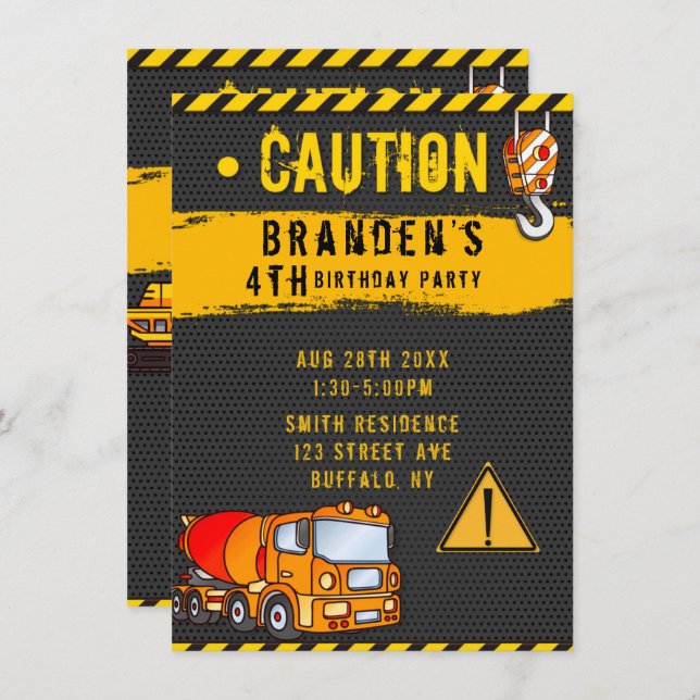 Under Construction Caution Trucks Birthday Party 5 Invitation (Front/Back)