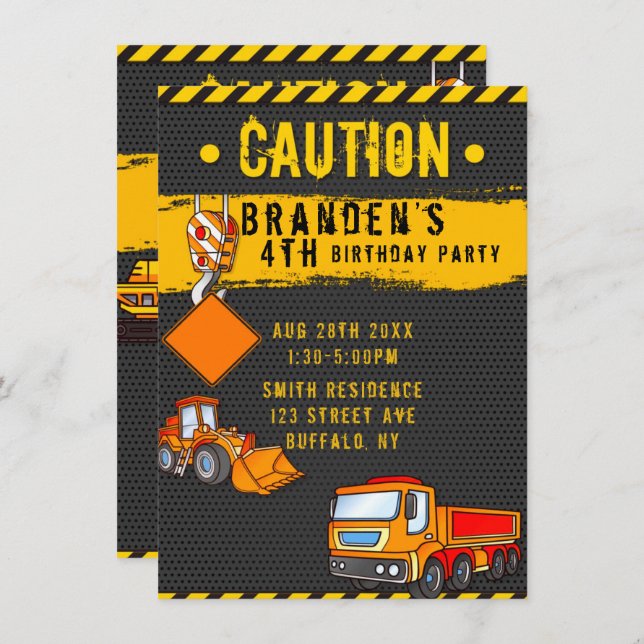 Under Construction Caution Trucks Birthday Party 6 Invitation (Front/Back)