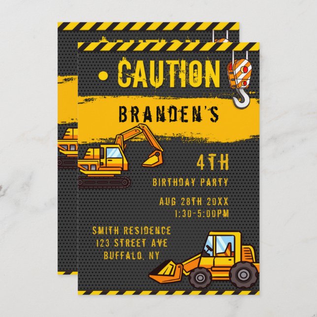 Under Construction Caution Trucks Birthday Party I Invitation (Front/Back)