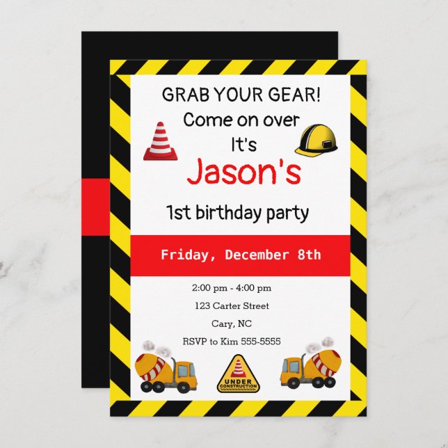 Under construction Concrete mixer Birthday Invitation (Front/Back)