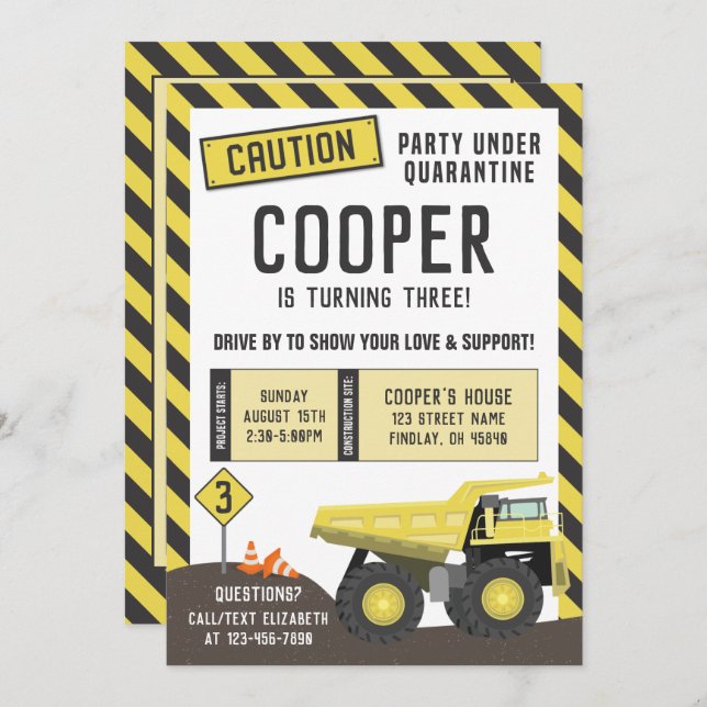 Under Construction Dump Truck Birthday Drive By Invitation (Front/Back)