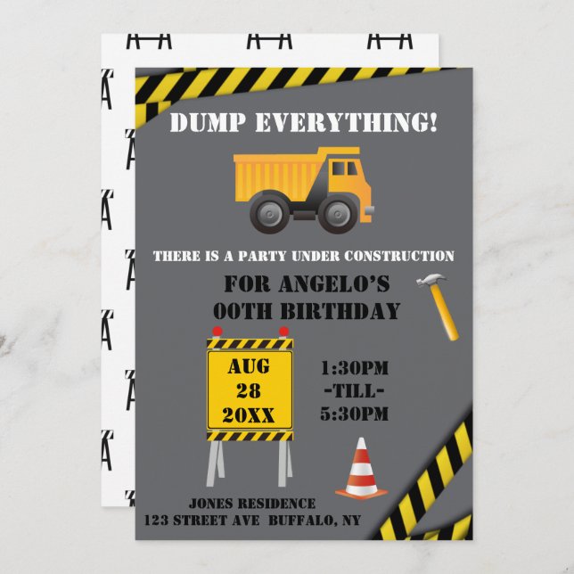Under Construction Dump Truck Birthday Party (Front/Back)