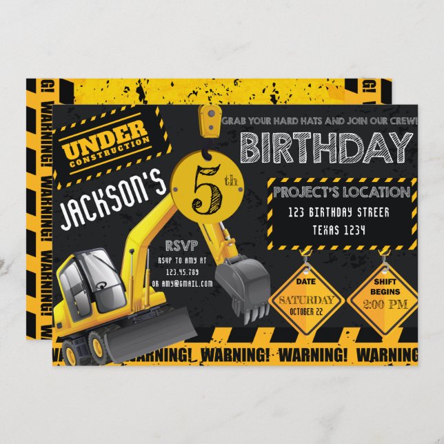 Under Construction Excavator Black Yellow Birthday Invitation (Front/Back)