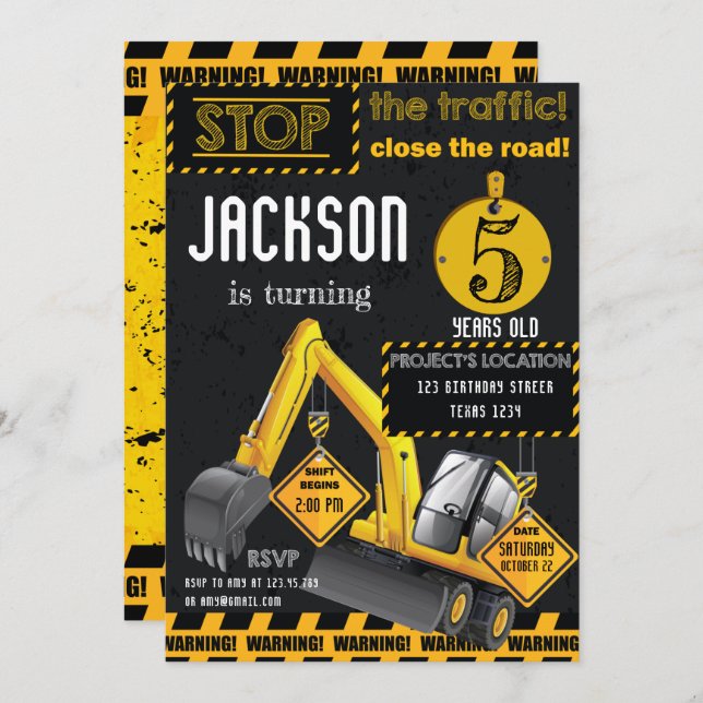 Under Construction Excavator Yellow Black Birthday Invitation (Front/Back)