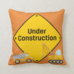 Under Construction Sign with Trucks Cushion