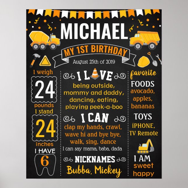 Under Construction Trucks Cars Birthday board Poster (Front)