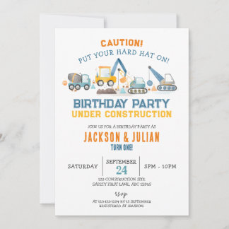 Under Construction Twin Boys Birthday, Trucks Invitation