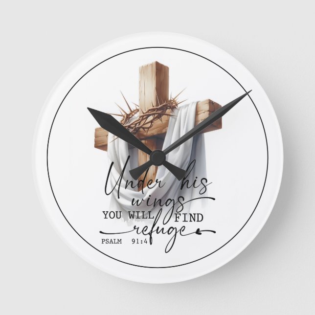 Under His Wings Scripture Art – Psalm 91:4  Round Clock (Front)