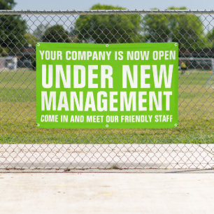 Under new management business signage green banner