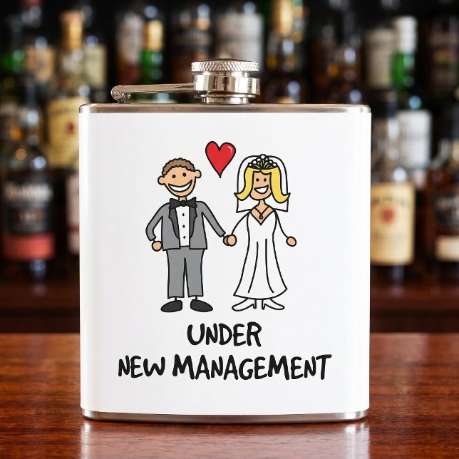 Under New Management Cartoon Bride Groom Hip Flask (Creator Uploaded)