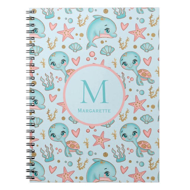 Under sea cute Dolphins and Turtles monogrammed  Notebook (Front)