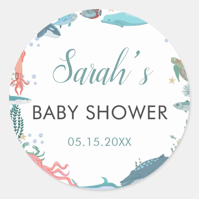 Under Sea Cute Ocean Animals Baby Shower RSVP Classic Round Sticker (Front)
