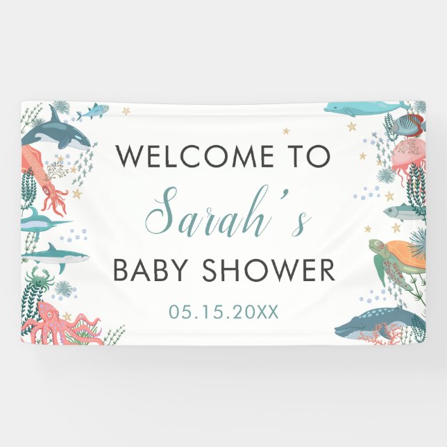 Under Sea Cute Ocean Baby Shower RSVP Backdrop Banner (Horizontal)