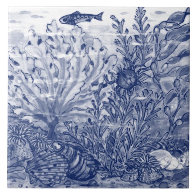 Under Sea Dark Blue Ocean Scene Crab Mural Pc.#2 C Ceramic Tile (Front)