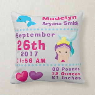 Under Sea Mermaid Dolphin Birth Announcement Stats Cushion