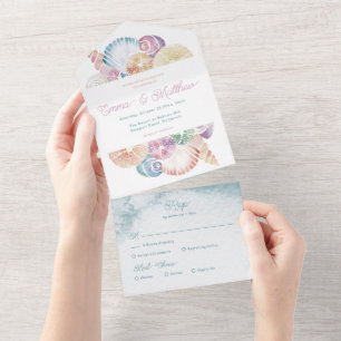 Under Sea Shell Watercolor Beach Budget Wedding All In One Invitation