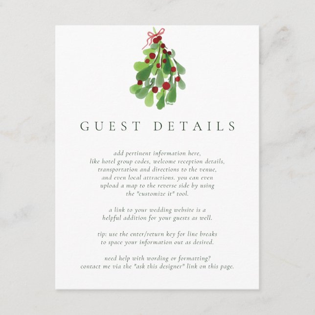 Under the Christmas Mistletoe Guest Information Enclosure Card (Front)