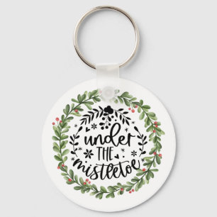 Under the Mistletoe Watercolor Wreath Key Ring