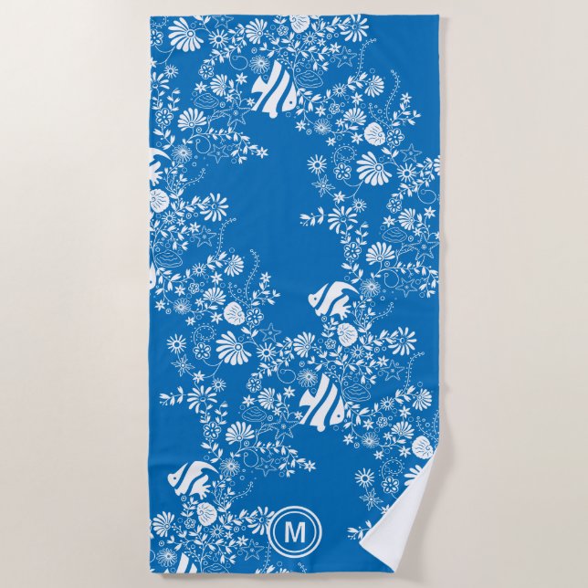 Under the Ocean Blue Pattern Monogram  Beach Towel (Front)