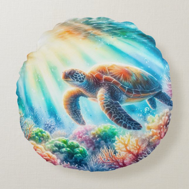 Under the ocean sea turtle round cushion (Front)