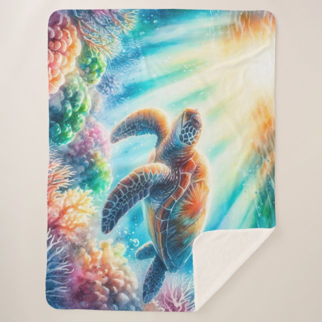 Under the ocean sea turtle sherpa blanket (Front)