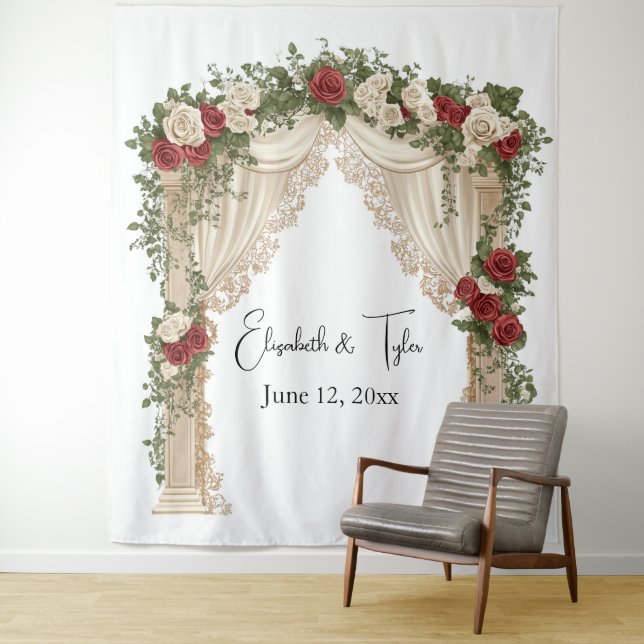 Under the Rose-Kissed Arch Wedding Backdrop Tapestry (In Situ)