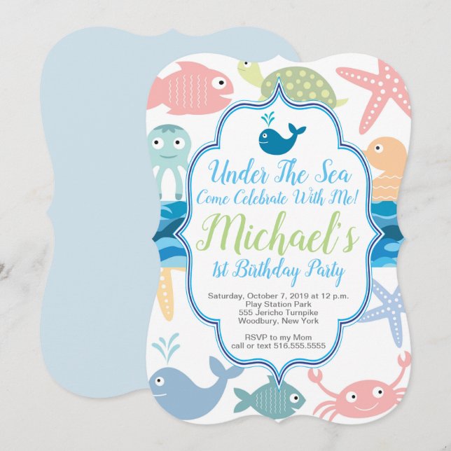Under the Sea 1st Birthday Fish, Invitation (Front/Back)