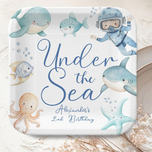 Under The Sea 2nd Birthday Boy Blue Ocean Cute Paper Plate