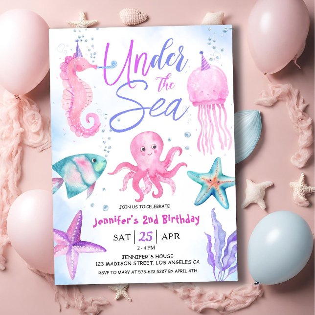 Under The Sea! 2nd Birthday Girl Pink Ocean  Invitation (Creator Uploaded)