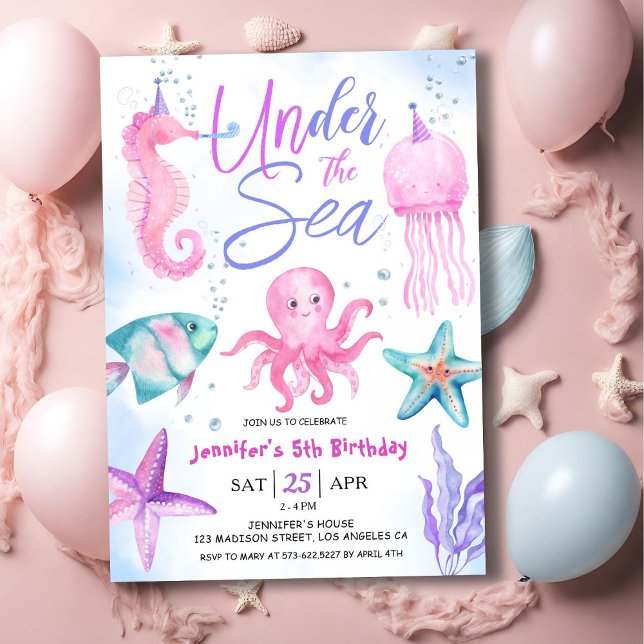 Under The Sea! 5th Birthday Girl Pink Ocean Invitation (Creator Uploaded)