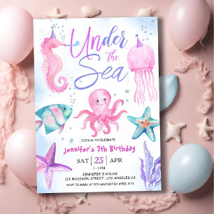 Under The Sea! 7th Birthday Girl Pink Ocean Invitation