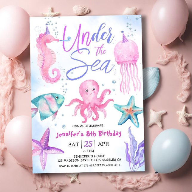 Under The Sea! 8th Birthday Girl Pink Ocean Invitation (Creator Uploaded)