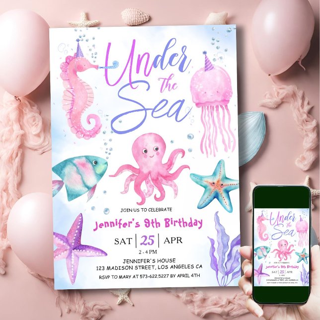 Under The Sea! 9th Birthday Girl Pink Ocean Invitation (Creator Uploaded)