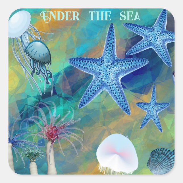 Under The Sea Anemones Starfish Jellyfish Blue Kid Square Sticker (Front)