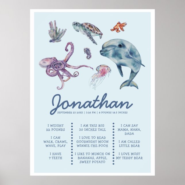 Under the Sea Animal Modern 1st Birthday Milestone Poster (Front)