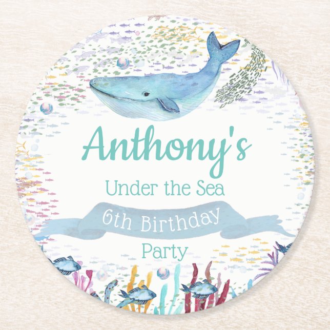 Under The Sea Any Age Birthday Round Paper Coaster (Front)