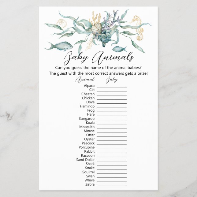 Under the Sea Baby Animals Game Card (Front)